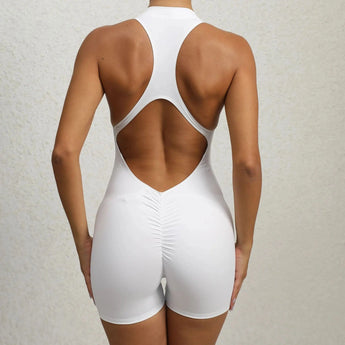 Women's backless white seamless compression racerback bodysuit in size XL, showcasing its sleek and form-fitting design on a model.