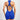 
A woman wearing a blue, backless, seamless compression racerback bodysuit in a size XL.