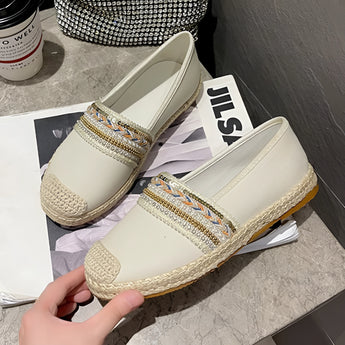 Women's beige beaded slip-on loafers designed for summer wear, featuring a stylish pattern ideal for elegant casual outings.
