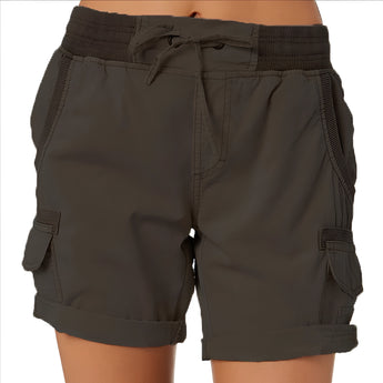 Women's dark gray cargo shorts with an elastic waist and multiple pockets, ideal for summer wear. The shorts feature a lightweight fabric designed for comfort and style.