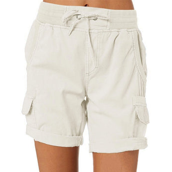 Women's lightweight beige cargo shorts featuring an elastic waist and pockets, displayed in a white 3XL variant.