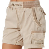 Women's beige cargo shorts in a cachi color, featuring a lightweight fabric, elastic waist, and practical pockets, suitable for summer wear in size 3XL.