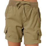 
Women's dark khaki cargo shorts in size 3XL, featuring an elastic waist and multiple pockets, designed for summer wear.