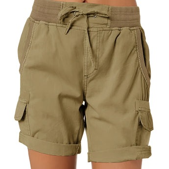 
Women's dark khaki cargo shorts in size 3XL, featuring an elastic waist and multiple pockets, designed for summer wear.