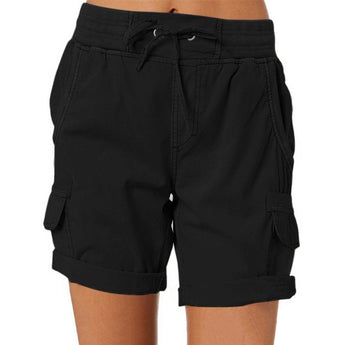 Women's beige cargo shorts with an elastic waist and multiple pockets, suitable for summer wear, displayed in Nero color, size 3XL.