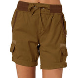 Women's beige cargo shorts in a lightweight material, featuring an elastic waist and pockets, suitable for summer wear in a brown color and 3XL size.