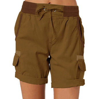 Women's beige cargo shorts in a lightweight material, featuring an elastic waist and pockets, suitable for summer wear in a brown color and 3XL size.