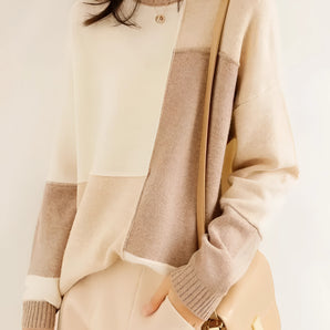 Women's beige and white color-block sweater with persimmon accents, featuring long sleeves and a stylish design, perfect for chic autumn fashion in size 2XL.