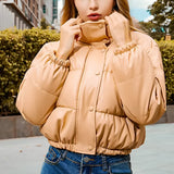 Women's beige cropped puffer jacket in a brown shade, featuring insulated design perfect for winter fashion. The jacket, photographed here, is shown in size XXL with long sleeves, a high neck, and made from durable textile material.
