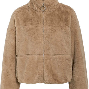 Women's beige faux fur jacket with a soft high collar, featuring long sleeves and a cozy wool-like texture, designed as a stylish winter coat.