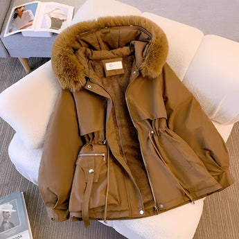 Women's beige parka with fur hood, displayed in brown color, size 2XL, featuring insulated fabric, long sleeves, and stylish khaki design elements.