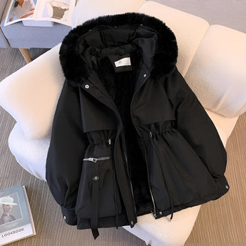 Women's beige fur hooded parka winter coat with a cozy insulated design, featuring long sleeves and a fashionable collar.