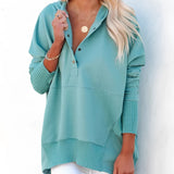Women's beige hoodie in a casual buttoned pullover style with ribbed cuffs, shown in a green-blue color, size XXL.