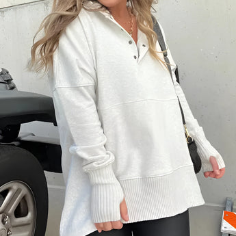 Women's beige hoodie with a buttoned pullover design, featuring ribbed cuffs and a hood, displayed in a white and grey color combination, size XXL.