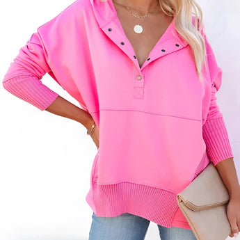 Women's pink casual buttoned pullover hoodie in XXL, featuring ribbed cuffs and a comfortable fit, suitable for a fashionable and cozy look.