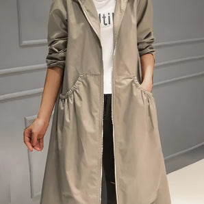 Women's beige lightweight hooded trench coat in khaki, size 4XL, featuring a classic design with a collar and long sleeves, styled for formal and casual occasions.