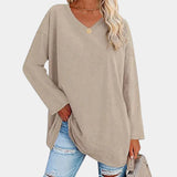 Women's beige long sleeve tunic sweater with a high neck and a loose fit, shown in apricot color and XL size.