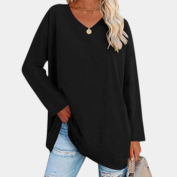 Women's beige long sleeve tunic sweater with a high neck and loose fit, displaying black color in an XL size.