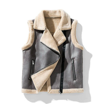 Women's stone gray 4XL luxury shearling jacket with beige tones, featuring a designer winter fashion style and a structured collar.