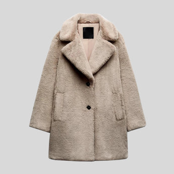 Women's gray oversized faux fur teddy coat featuring a luxurious winter fashion design with a textured pattern, large collar, and long sleeves.