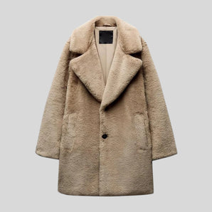 Women's beige oversized faux fur teddy coat in a luxurious winter fashion style, featuring a large collar and long sleeves, shown in a brown variant size large.