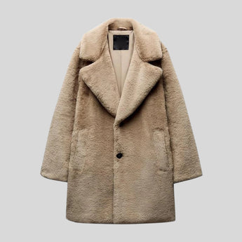 Women's beige oversized faux fur teddy coat in a luxurious winter fashion style, featuring a large collar and long sleeves, shown in a brown variant size large.