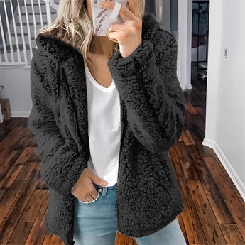 Women's black plush teddy coat in size 5XL, featuring long sleeves, a cozy fuzzy texture, and a stylish design suitable for winter fashion.