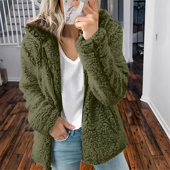Women's green plush teddy coat in 5XL size, featuring a cozy, fuzzy texture with long sleeves and a soft collar, styled for winter wear.
