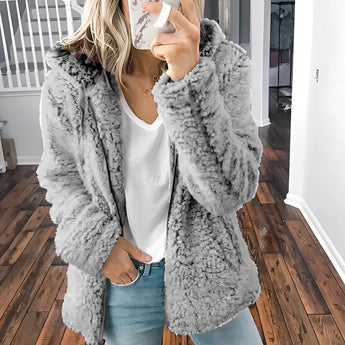 Women's light gray plush teddy coat in size 5XL, featuring a warm and fuzzy texture, a collar, long sleeves, and a length that reaches the thighs, ideal for winter fashion outerwear.