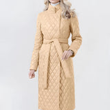 Women's beige quilted coat in apricot color, featuring a long belted design with an insulated, slim trench style, visible shoulder and sleeve details, suitable for size 2XL.