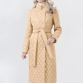 Women's beige quilted coat in apricot color, featuring a long belted design with an insulated, slim trench style, visible shoulder and sleeve details, suitable for size 2XL.