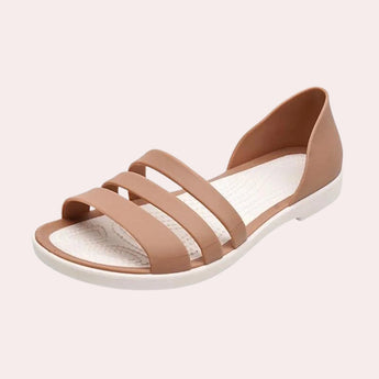 Women's beige strappy flat sandals with a pearl ankle bracelet, shown in khaki color and size 40.