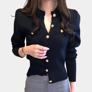 Women's black V-neck cardigan with gold buttons, suitable for chic office wear, featuring long sleeves and a tailored waist fit.