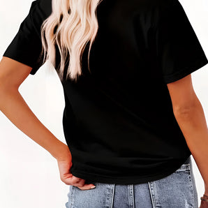 Women's black crew neck casual tee made of soft cotton with a relaxed fit, shown paired with jeans.