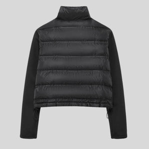 Women's black cropped insulated puffer jacket, featuring a stylish design.