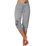 Women's gray dandelion print capri pants, casual summer lightweight, size 5XL.