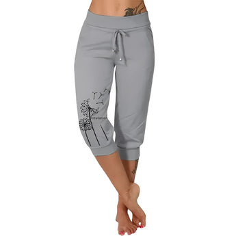 Women's gray dandelion print capri pants, casual summer lightweight, size 5XL.