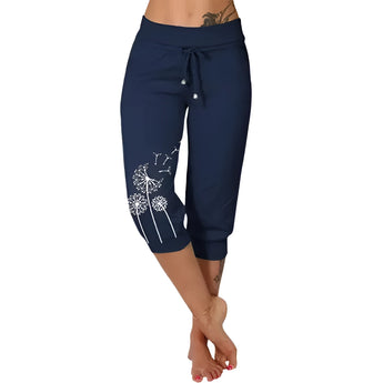 Women's black dandelion print capri pants in dark blue, casual summer lightweight design, shown in 5XL size.