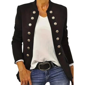 Women's black double-breasted military blazer with silver buttons featuring a structured design, long sleeves, and a classic collar.