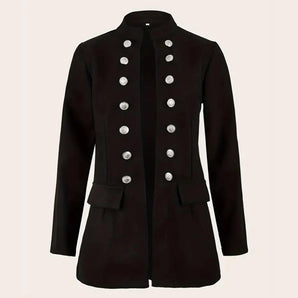 Women's black double-breasted military blazer with silver buttons, featuring a structured collar, long sleeves, and tailored fit.