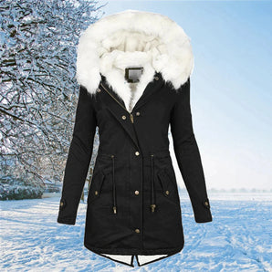 Women's black fur hooded insulated parka, designed for winter with a thermal lining. The coat features a high collar and long sleeves, suitable for snowy and cold weather conditions.