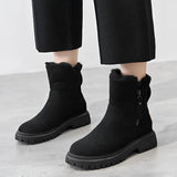 Women's black ankle boots with fur lining, featuring a chunky sole and side zipper, shown in size 42.