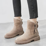 Women's black fur-lined ankle boots featuring a chunky sole and a convenient zipper, showcased in a khaki color, size 42.