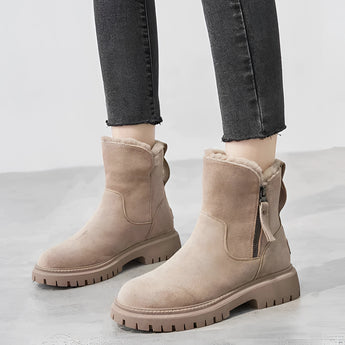 Women's black fur-lined ankle boots featuring a chunky sole and a convenient zipper, showcased in a khaki color, size 42.