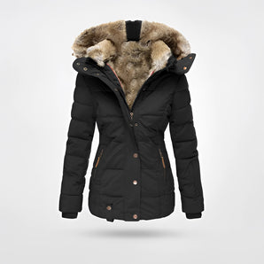 Women's black fur-lined insulated hooded winter parka, 5XL, waterproof, with stylish design and natural fur collar and lining.