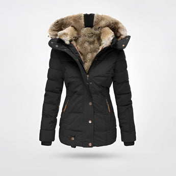 Women's black fur-lined insulated hooded winter parka, 5XL, waterproof, with stylish design and natural fur collar and lining.