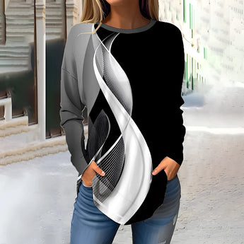 Women's slim fit sweater with a black and grey abstract design, featuring a modern chic pullover style with long sleeves and a round neck.
