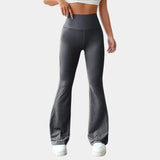 Women's light gray high-waist flare yoga pants in a 3XL size, designed for athletic wear with a moisture-wicking feature, showcasing a fashionable and comfortable fit.