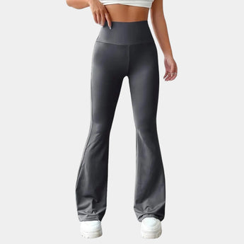 Women's light gray high-waist flare yoga pants in a 3XL size, designed for athletic wear with a moisture-wicking feature, showcasing a fashionable and comfortable fit.