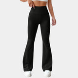 Women's black high-waist flare yoga pants in size 3XL, designed with moisture-wicking fabric for athletic activities. The pants feature a snug fit around the waist, flaring out at the legs for comfort and style.